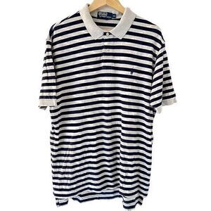 Polo by Ralph Lauren Navy Blue Grey Striped Cotton Polo Shirt Size XL